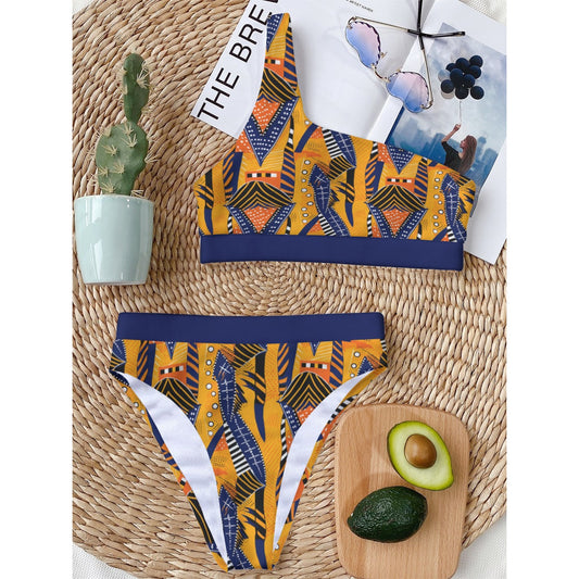 Ethnic-Inspired Orange & Navy One-Shoulder Bikini, Tribal Print Women's Swimwear with Single Strap