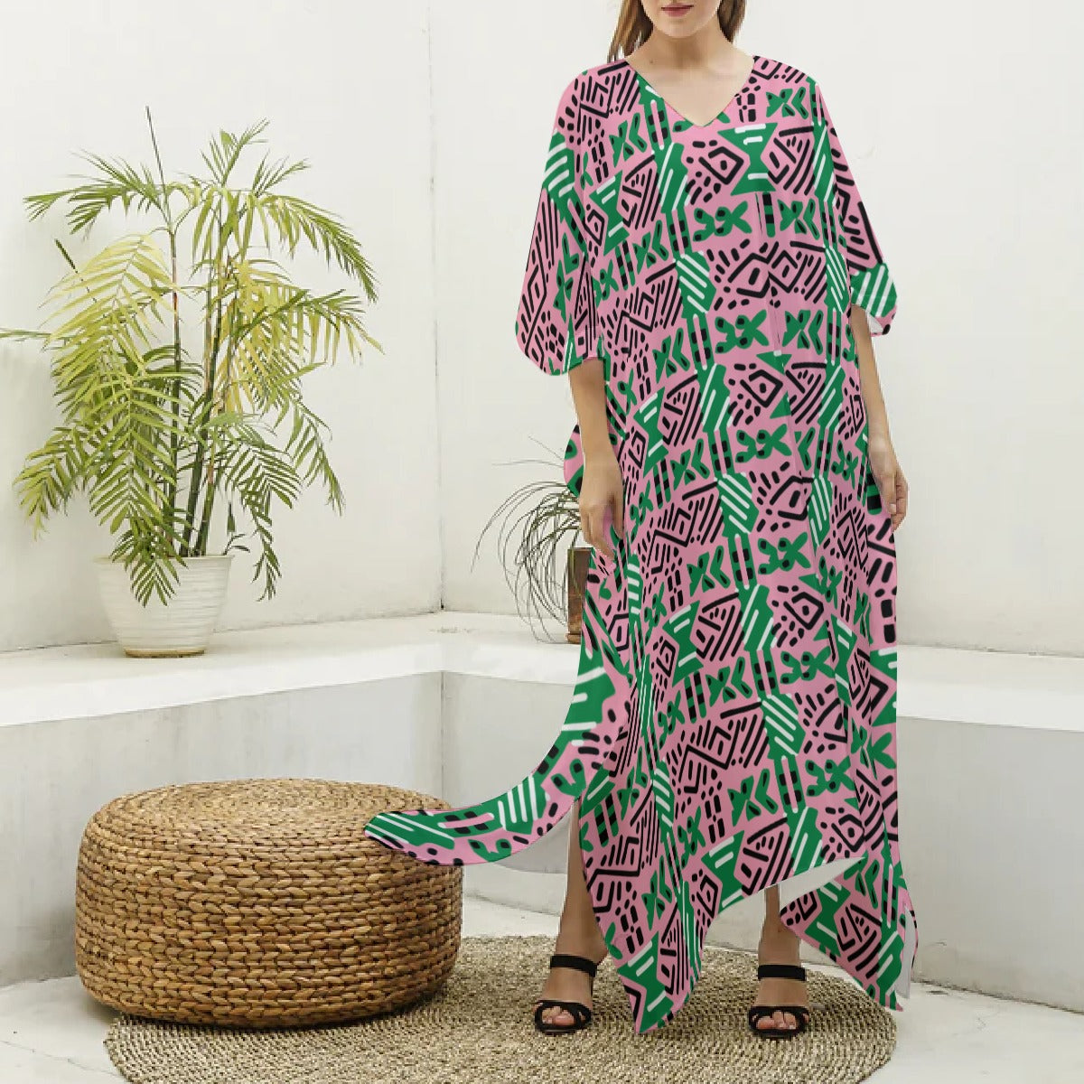 AKA Sorority Color Tribute African Mud Cloth Kaftan Dress, Pink & Green Imitation Silk Robe