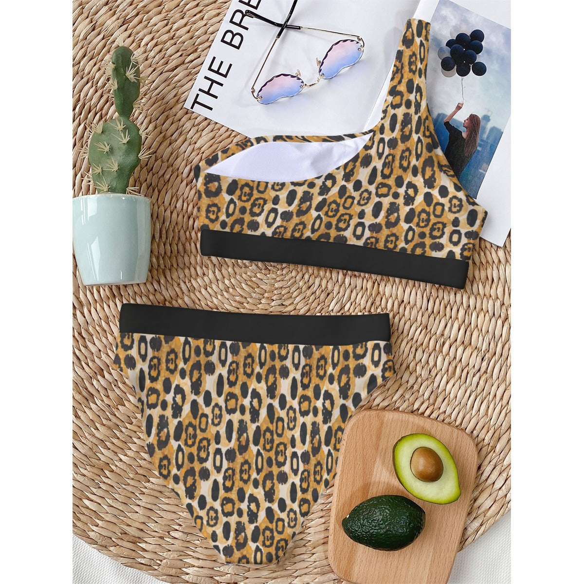 Chic Leopard Print One-Shoulder Bikini Set, Sleek Animal Pattern Swimwear with Single Strap Design