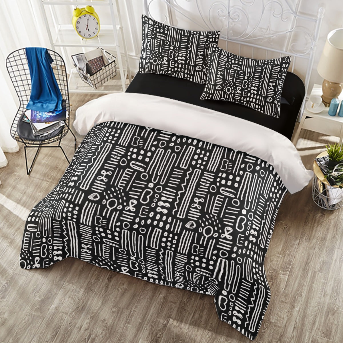 Monochrome Mud Cloth Inspired Print Duvet Cover Set, Contemporary Black and White Bedding