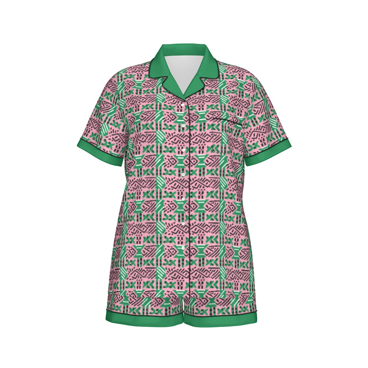 AKA Sorority-Inspired Silk Pajama Set - African Mud Cloth Print with Green Accents