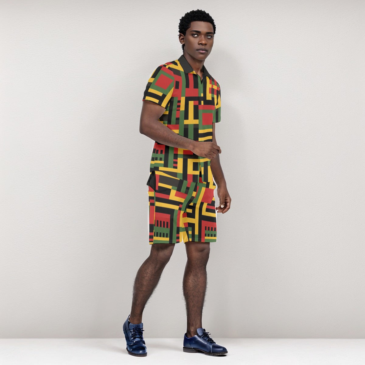 Kente Cloth Print Men's Two-Piece Short Set, Cultural & Stylish Mens Ensemble