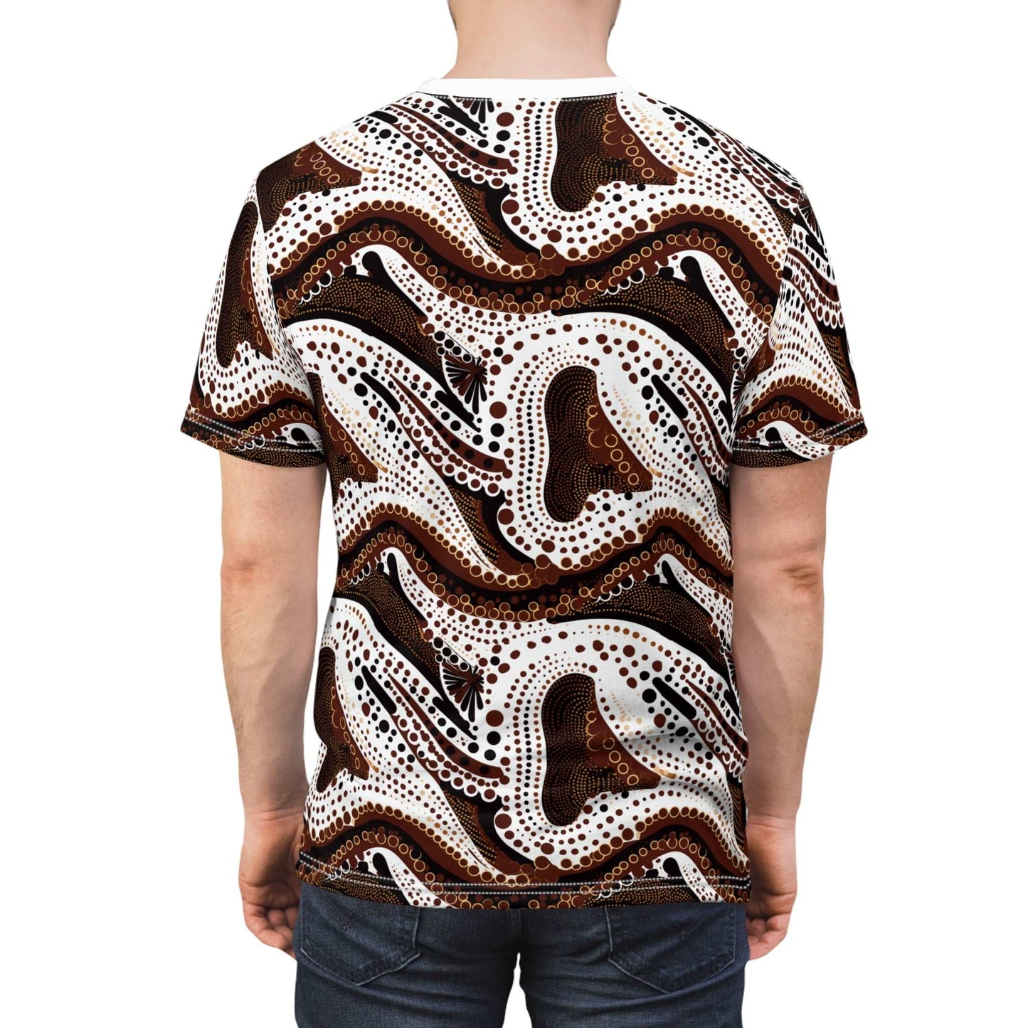 African Wax Print Ankara All-Over Pattern T-Shirt in Brown, White, and Black