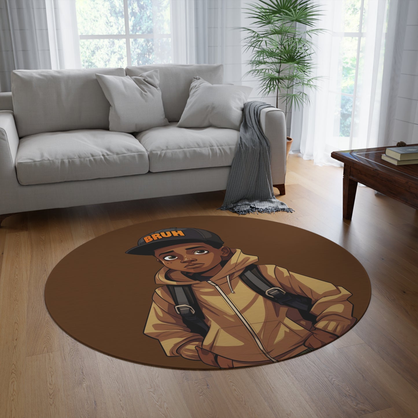 Young Black Boy 'Bruh' Decorative Round Rug, Vibrant Home Decor for Teens