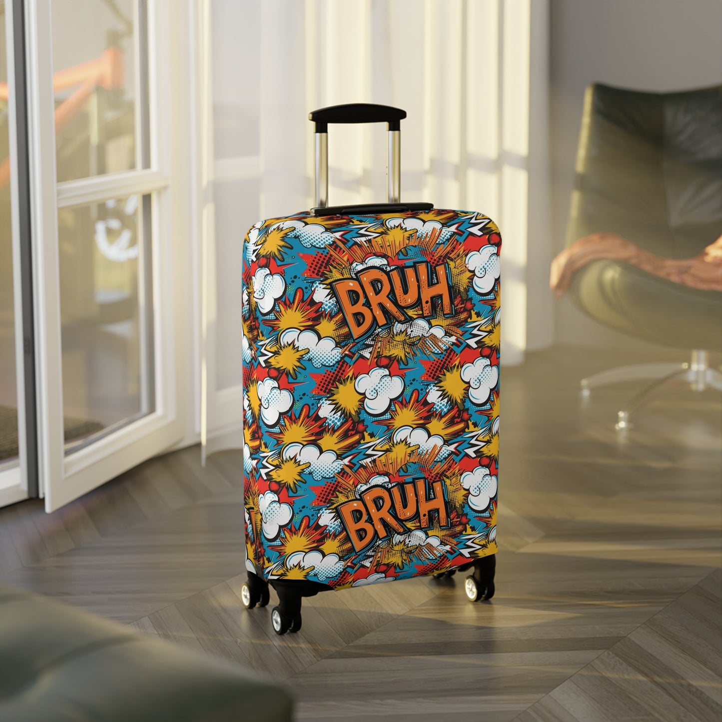 Comic Book Explosion "Bruh Moment" Luggage Cover, Pop Art Style Suitcase Protector