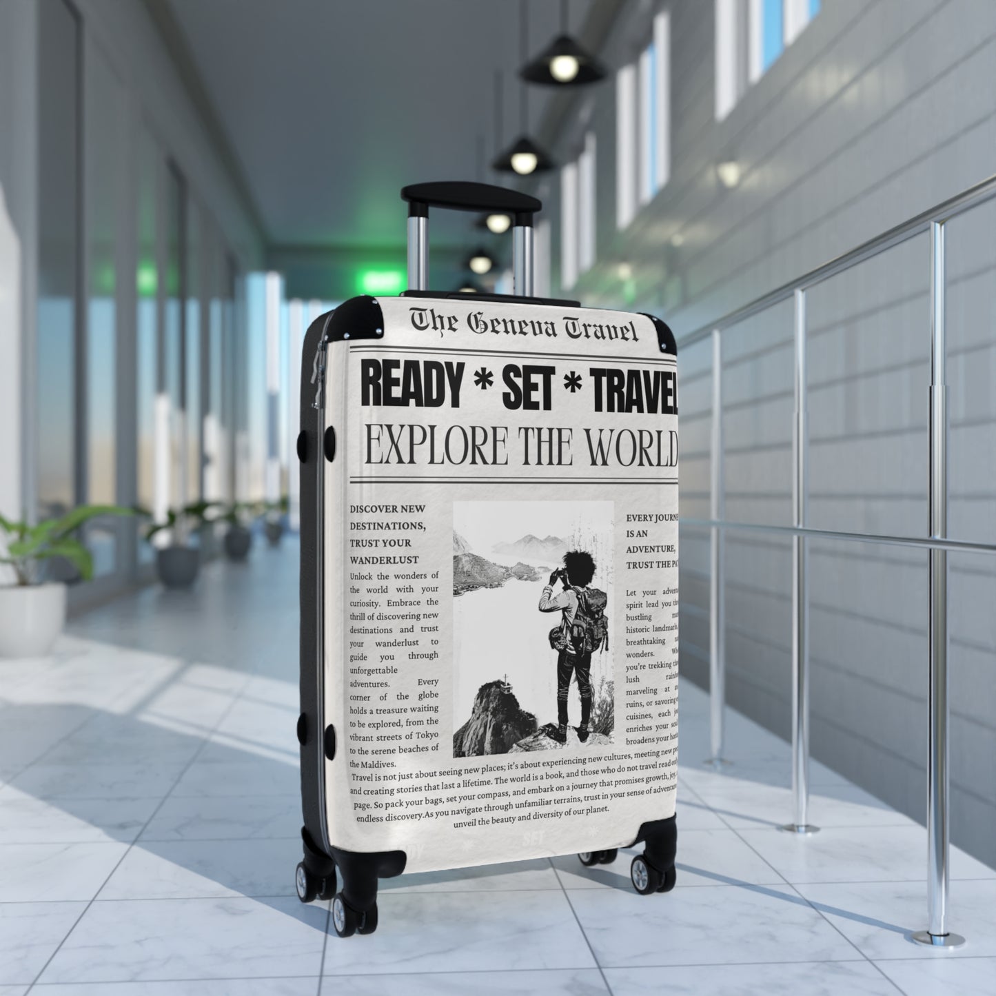 Custom Newspaper Style Suitcase, Black & White Travel Luggage, Unique Gift for Travel Enthusiasts, Personalized Travel Gear