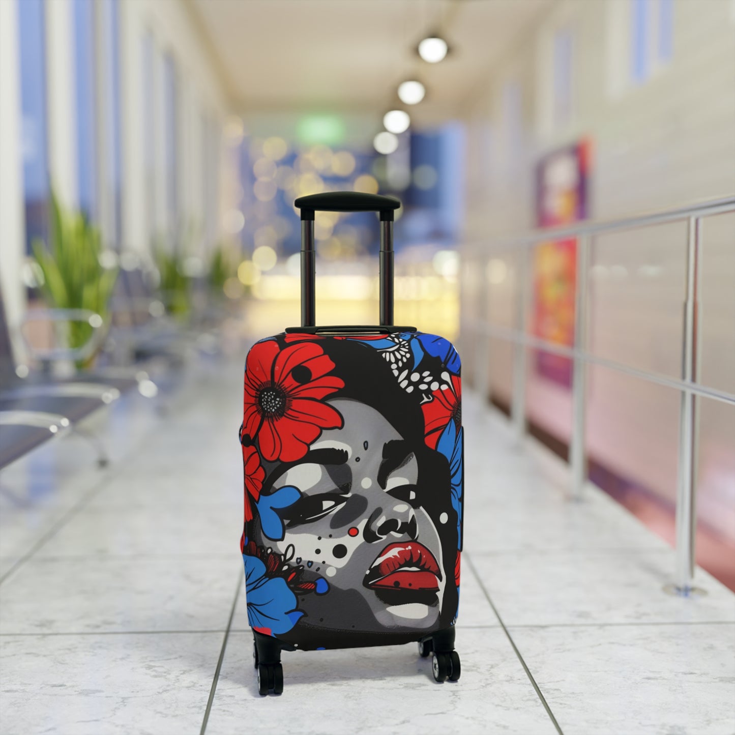 Afrocentric Floral Portrait Luggage Cover, Pop Art Streetwear Black Queen Suitcase Protector