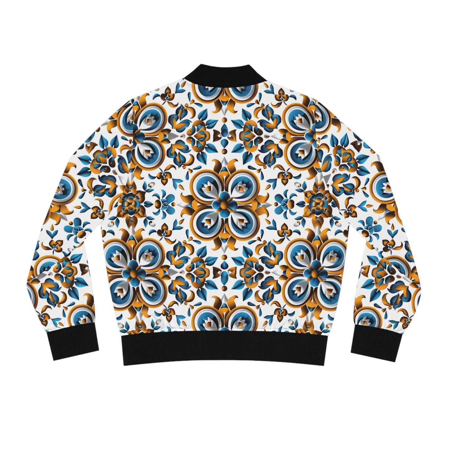 Women's African Print Bomber Jacket, Blue & Yellow Floral Pattern, Stylish Cultural Fashion