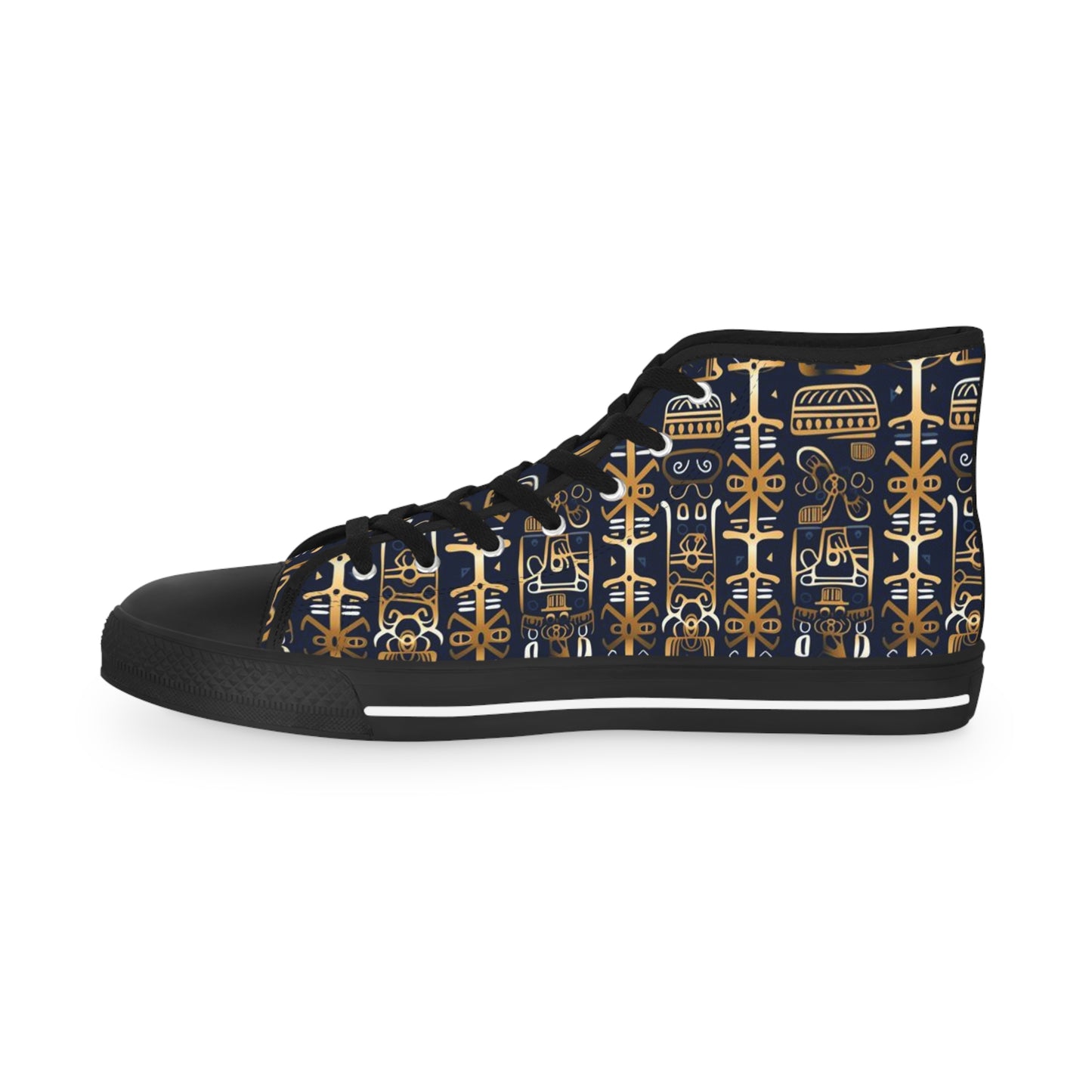 Golden Shamanic Serenity Afrocentric Print Men's Hi-Top Shoes, Navy Blue & Gold Tribal Print Mens Fashionable Shoes