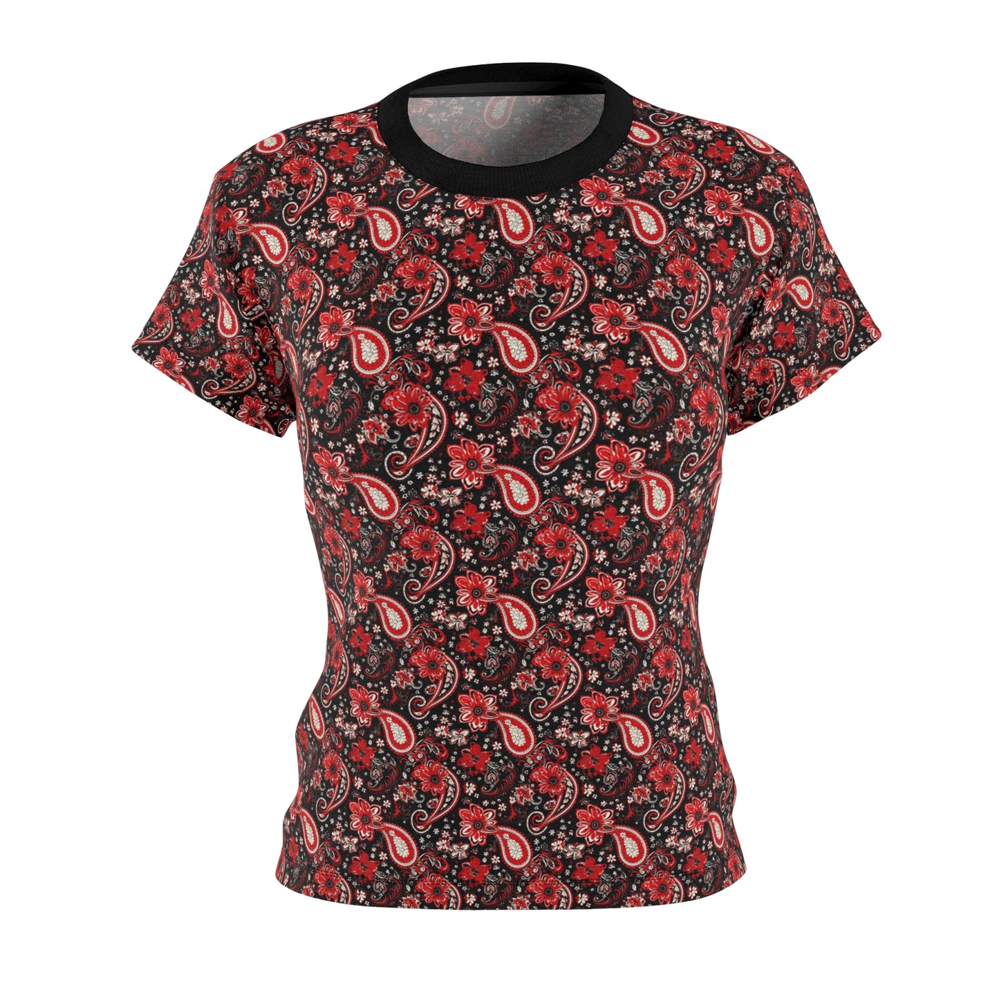 Classic Red & Black Paisley Print Women's T-Shirt, Red Bandana Print Apparel