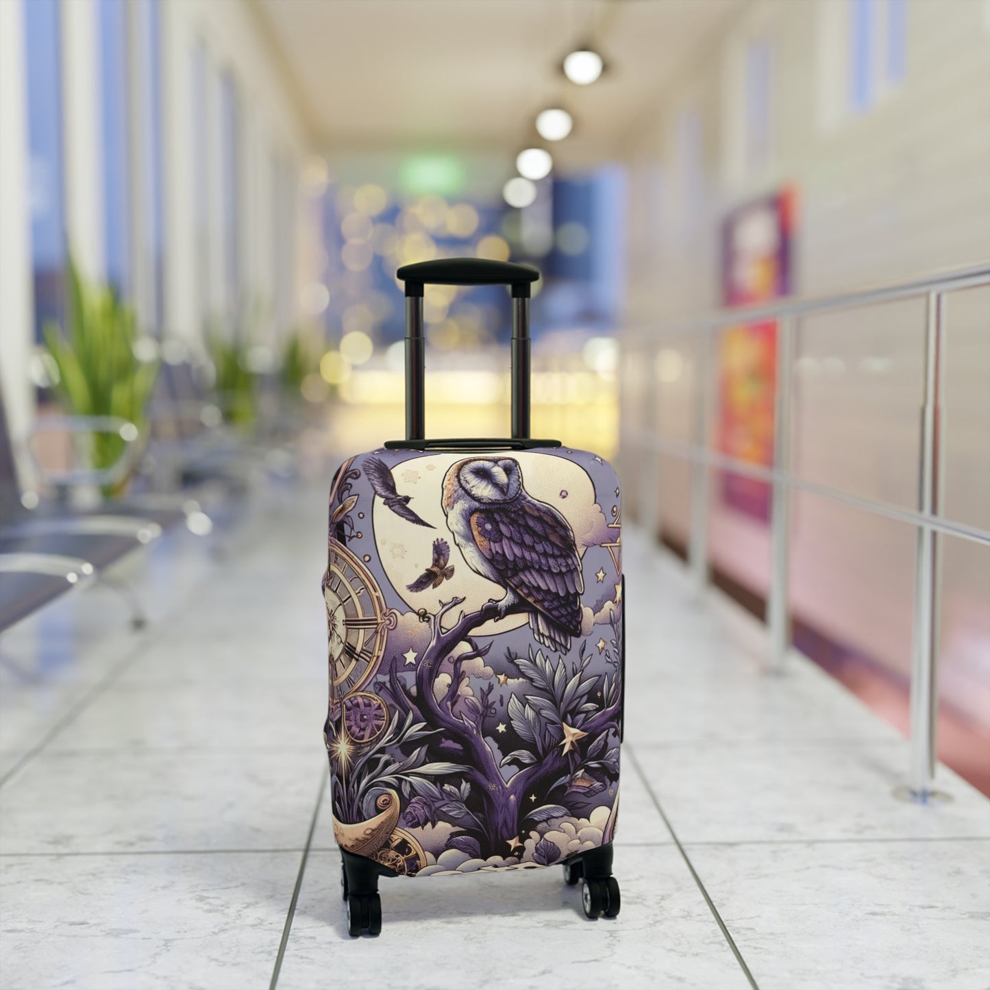 Enchanted Owl and Celestial Bodies Suitcase Cover, Magical Themed Luggage Protector