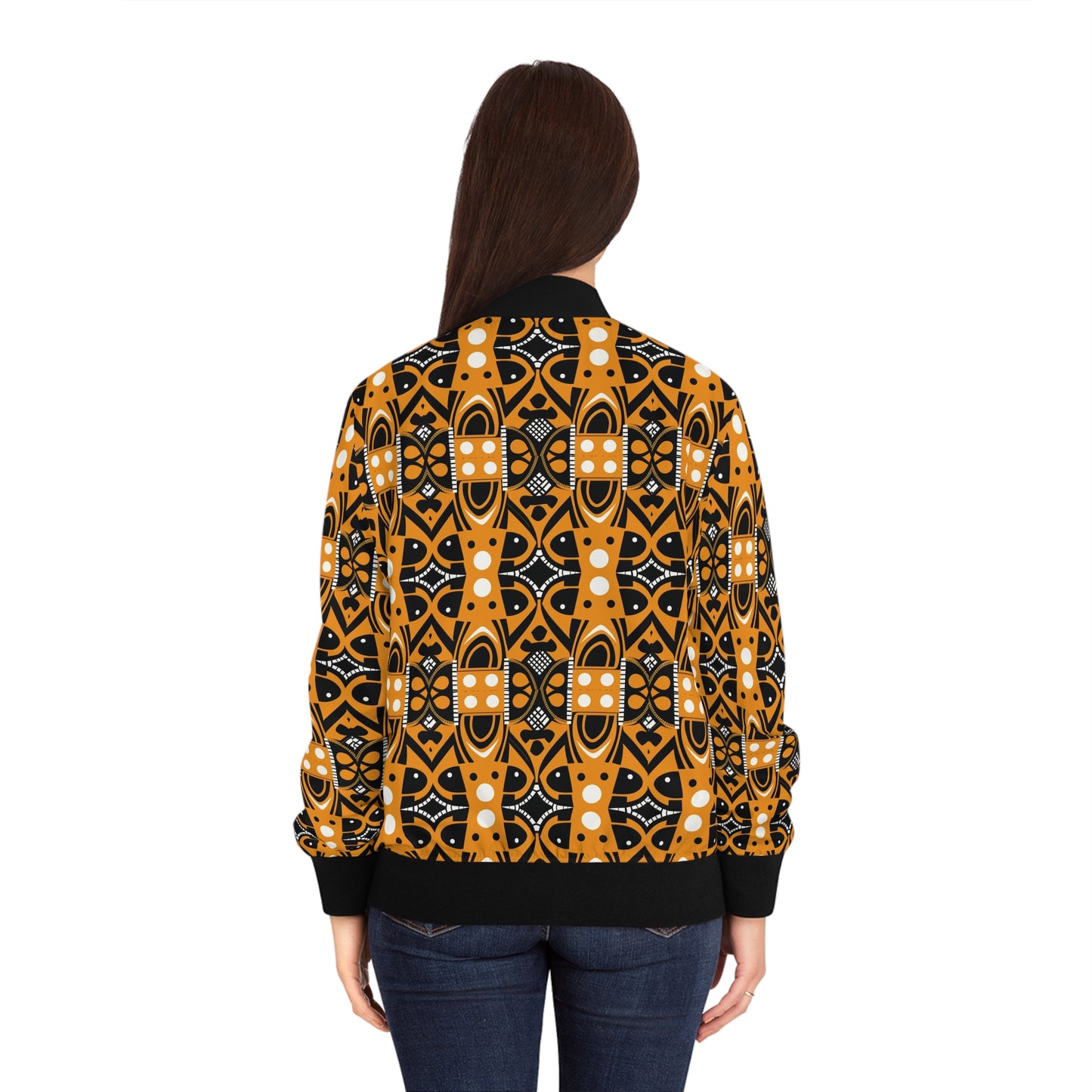 Black Orange White African Print Women's Bomber Jacket, Women's African Vibe All Over Print Fall Winter Fashion