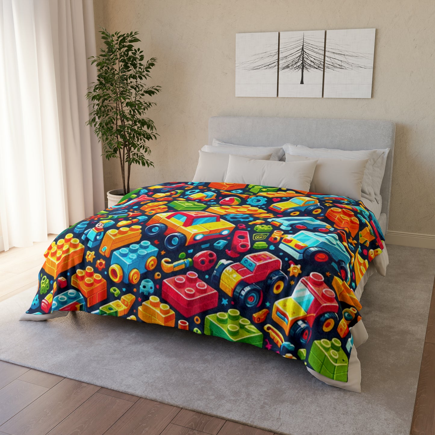 Colorful Building Block Pattern Throw Cover, Children's Car Themed Bedding