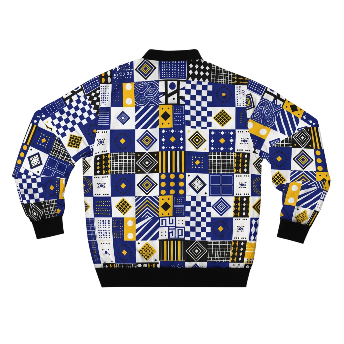 African Tribal Inspired Geometric Bomber Jacket - Vibrant Blue, Yellow, and White Pattern for Men and Women, Modern Streetwear, Sizes XS-5XL