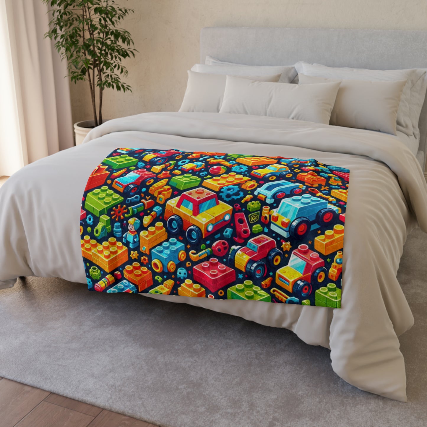 Colorful Building Block Pattern Throw Cover, Children's Car Themed Bedding