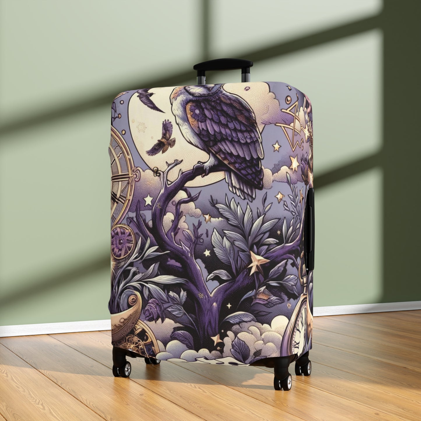 Enchanted Owl and Celestial Bodies Suitcase Cover, Magical Themed Luggage Protector