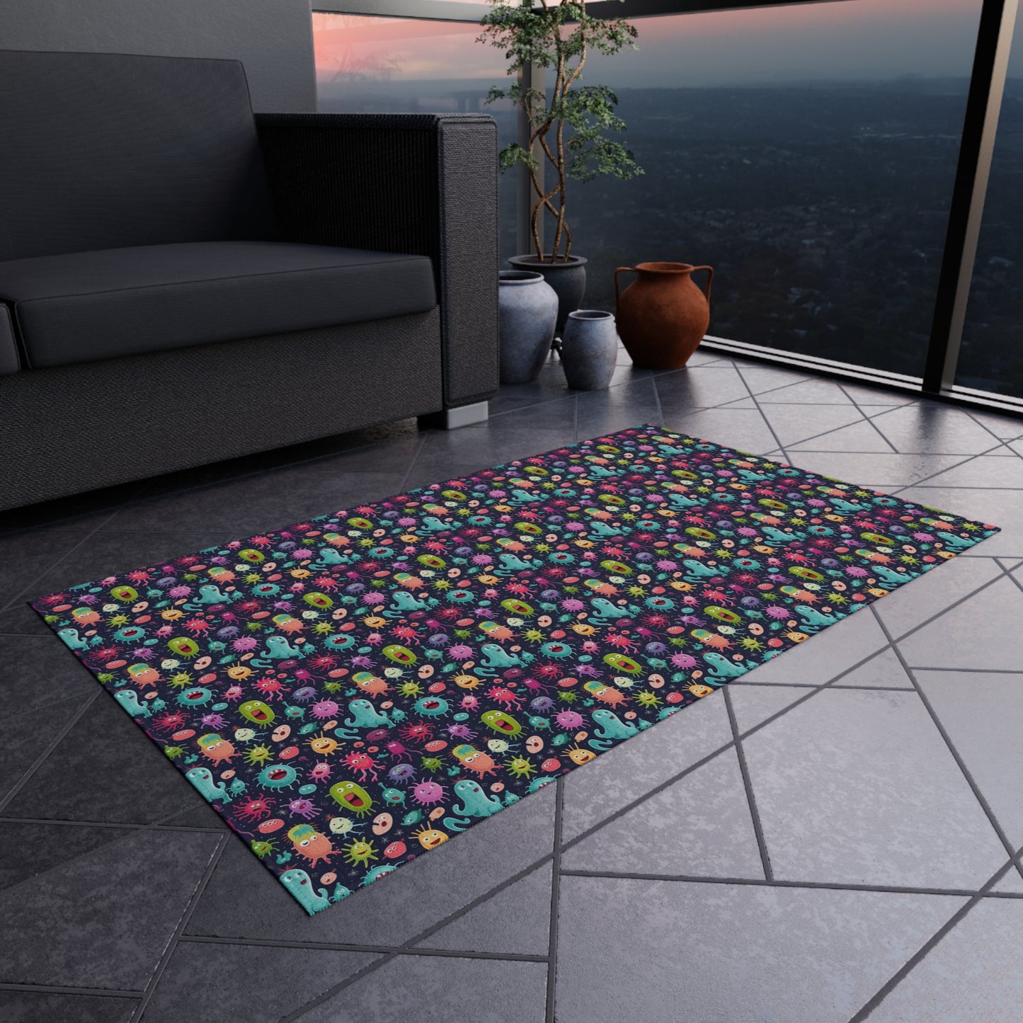 Playful Bacteria Outdoor Rug, Microbe Themed Patio Decor