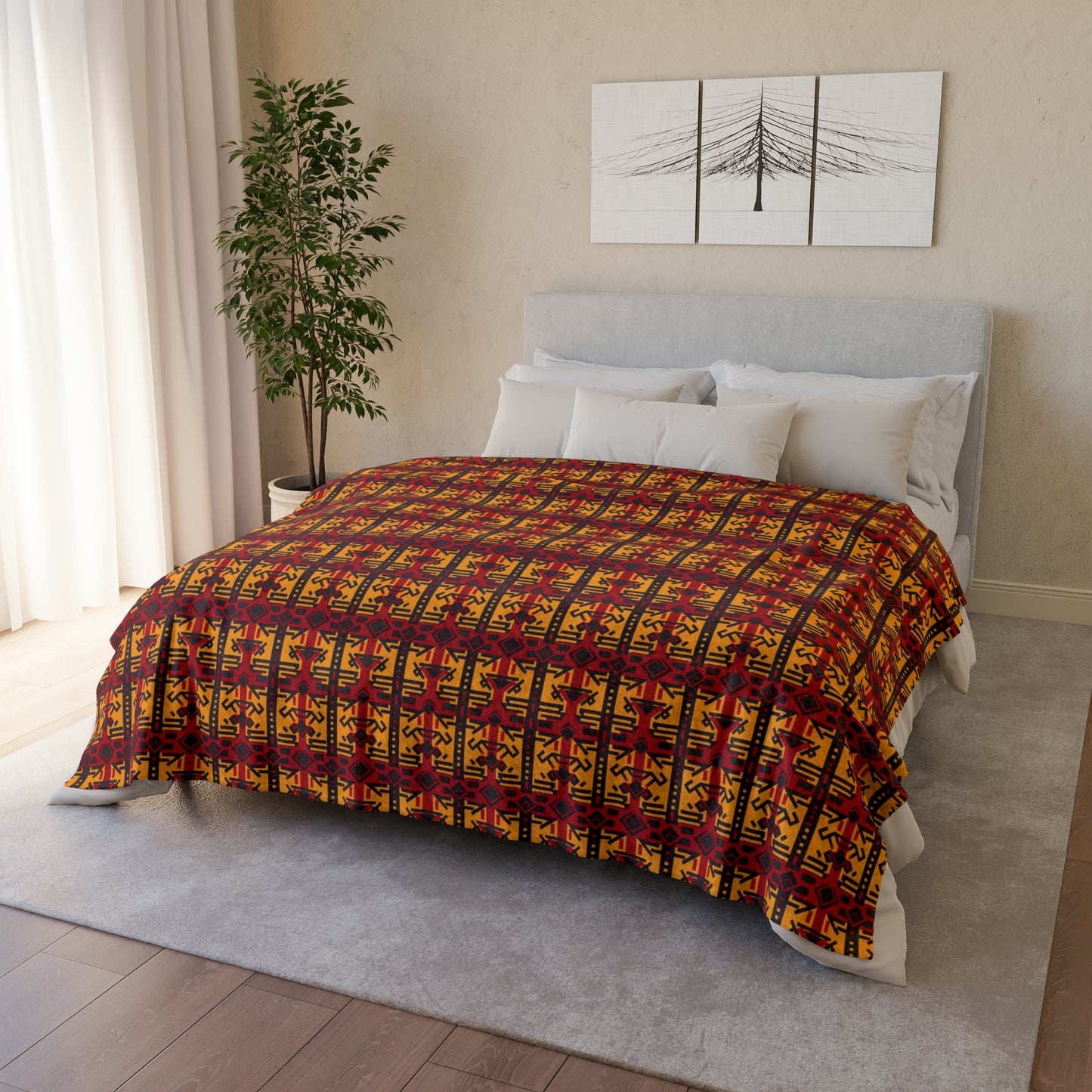 Cardinal & Gold College Colors African Print Throw Cover, Trojans Fan African Mud Cloth Bedroom Decor