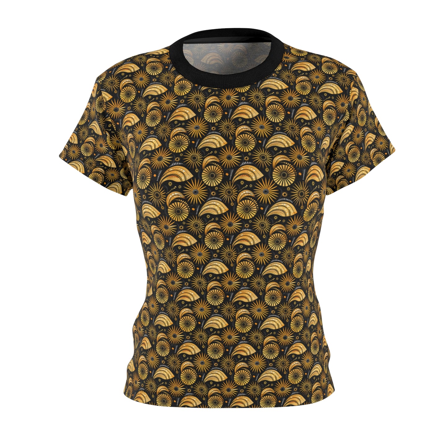 African Ancestral Geometric Gold & Black Women's Tee, Storytelling Ethnic Print Apparel, Symbolic African Print Shirt, Bold African Top