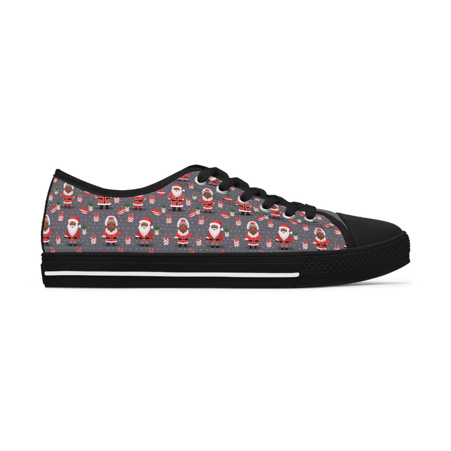 Black Santa & Mrs Claus Grey Christmas Low Top Tennis Shoes,  Unique Women's Holiday Sneakers