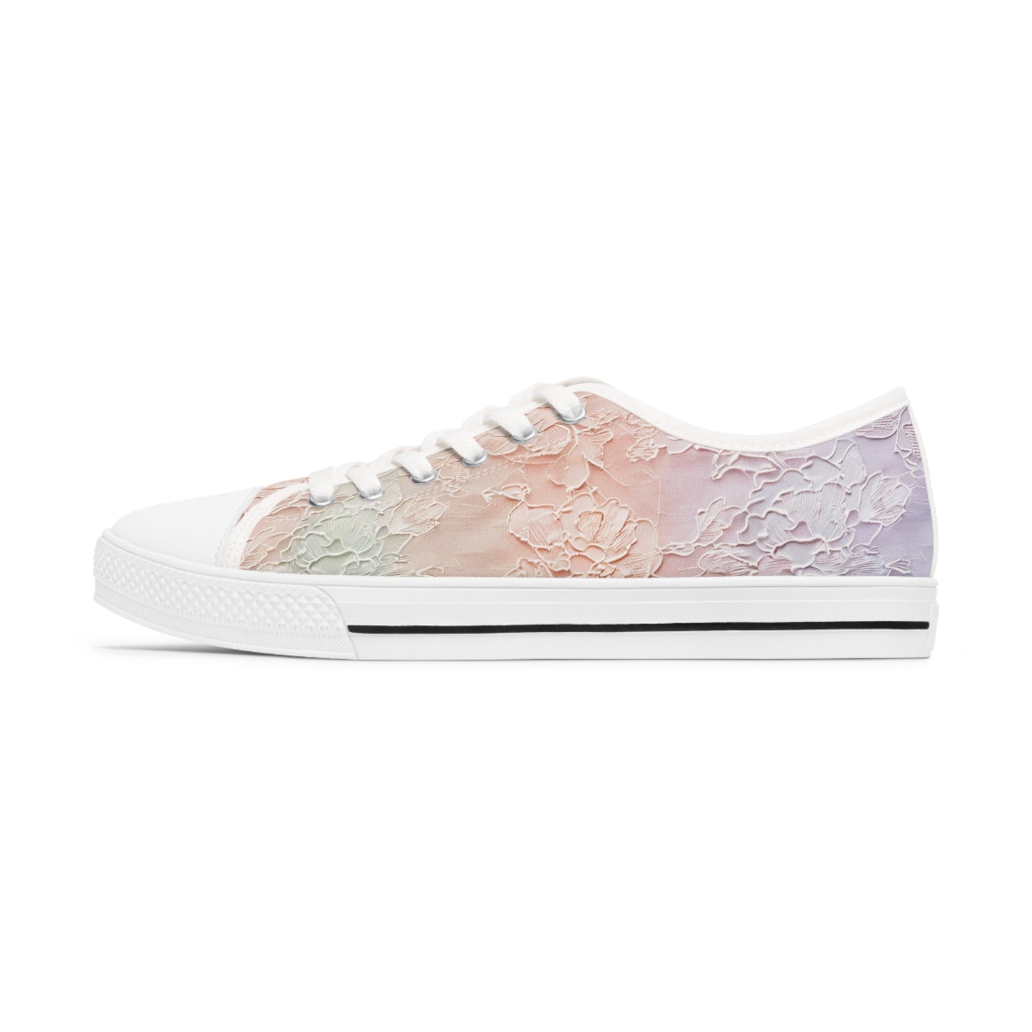 Vintage Lace Pattern Print Women's Low Top Sneakers, Pastel Peach Mint Lavender Shoes, Feminine Canvas Tennis Shoes, Wedding Colors Apparel