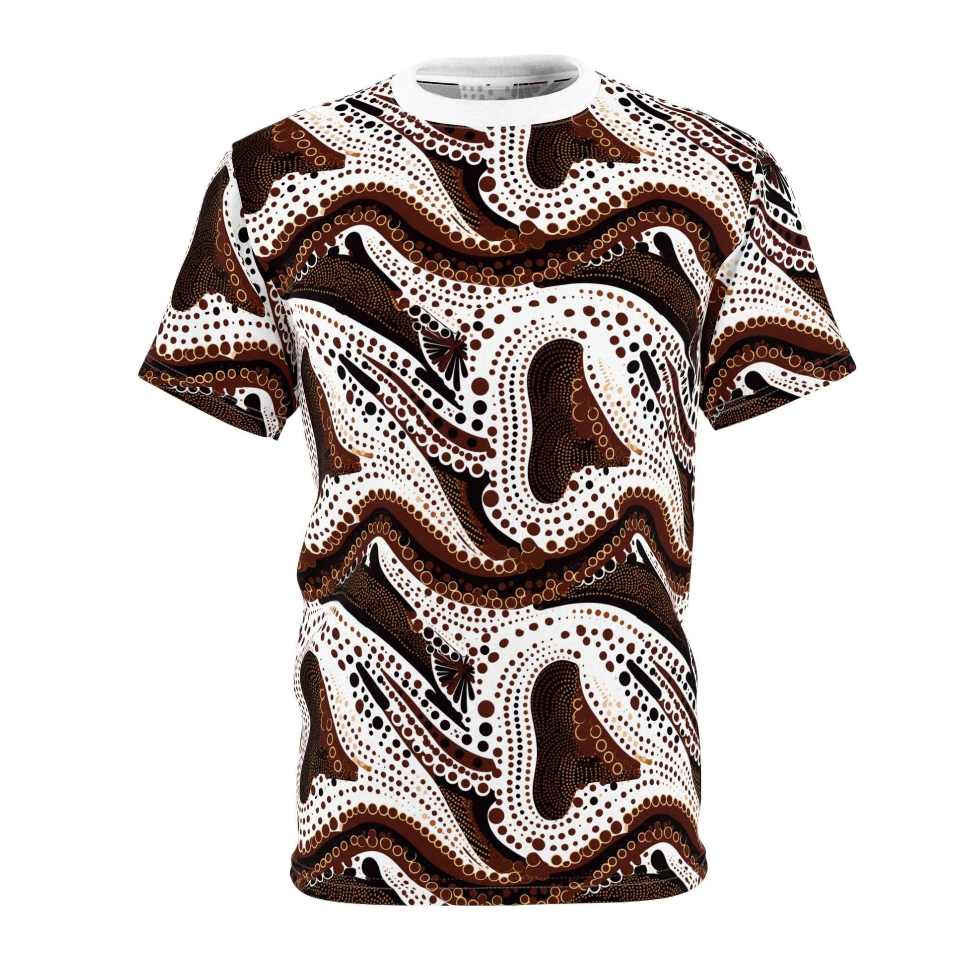 African Wax Print Ankara All-Over Pattern T-Shirt in Brown, White, and Black