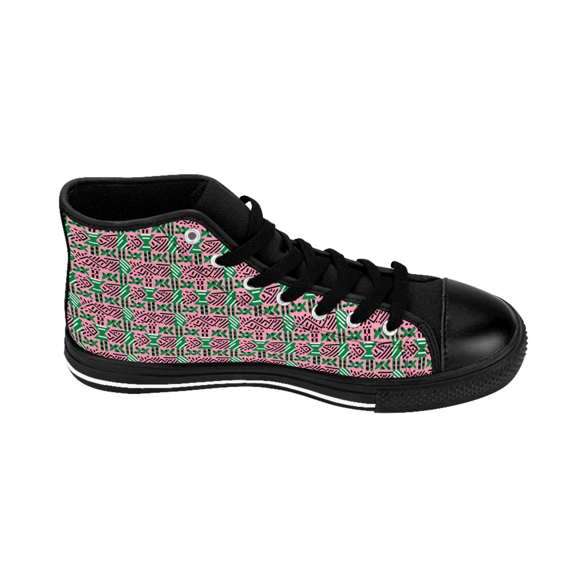 AKA Sorority Colors African Print Women's Hi-Top Shoes, Pink & Green Mud Cloth Print Sneakers