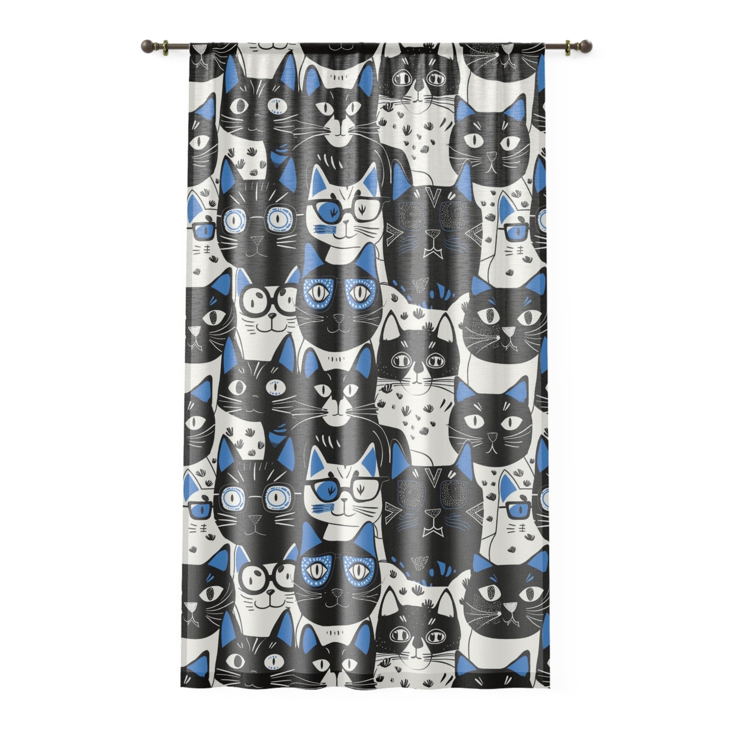 Blue Whimsical Cat Faces Window Curtain, 50" x 84" Animal Themed Matching Room Decor