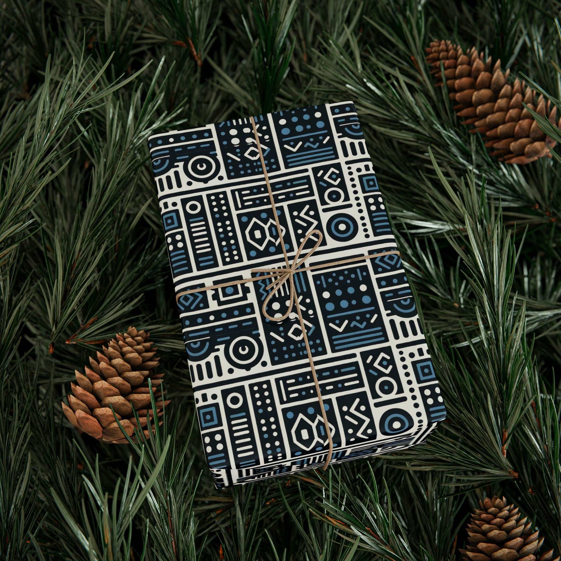 African Mud Cloth Blue, White & Black Wrapping Paper,  African Bogolan Gift Wrap