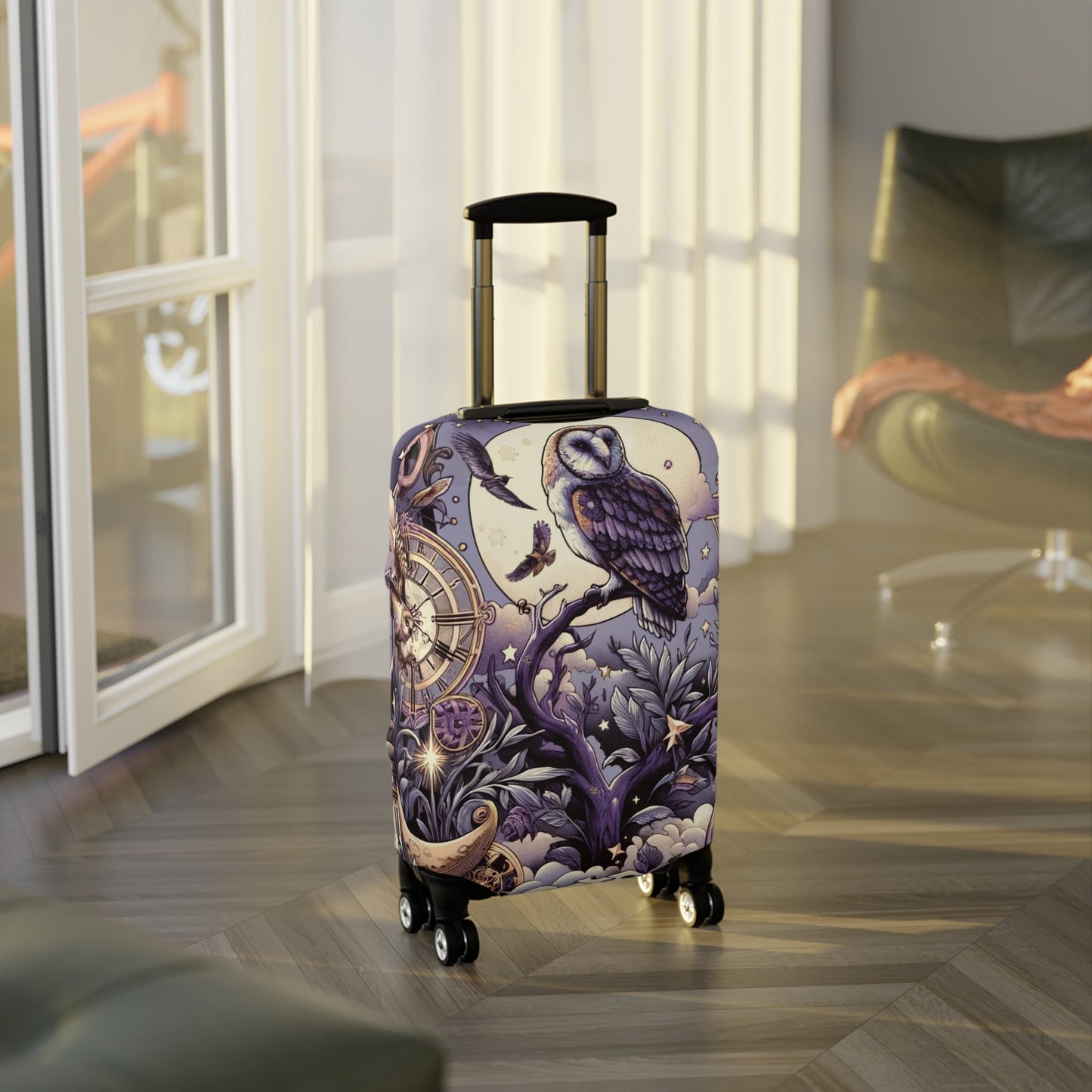 Enchanted Owl and Celestial Bodies Suitcase Cover, Magical Themed Luggage Protector