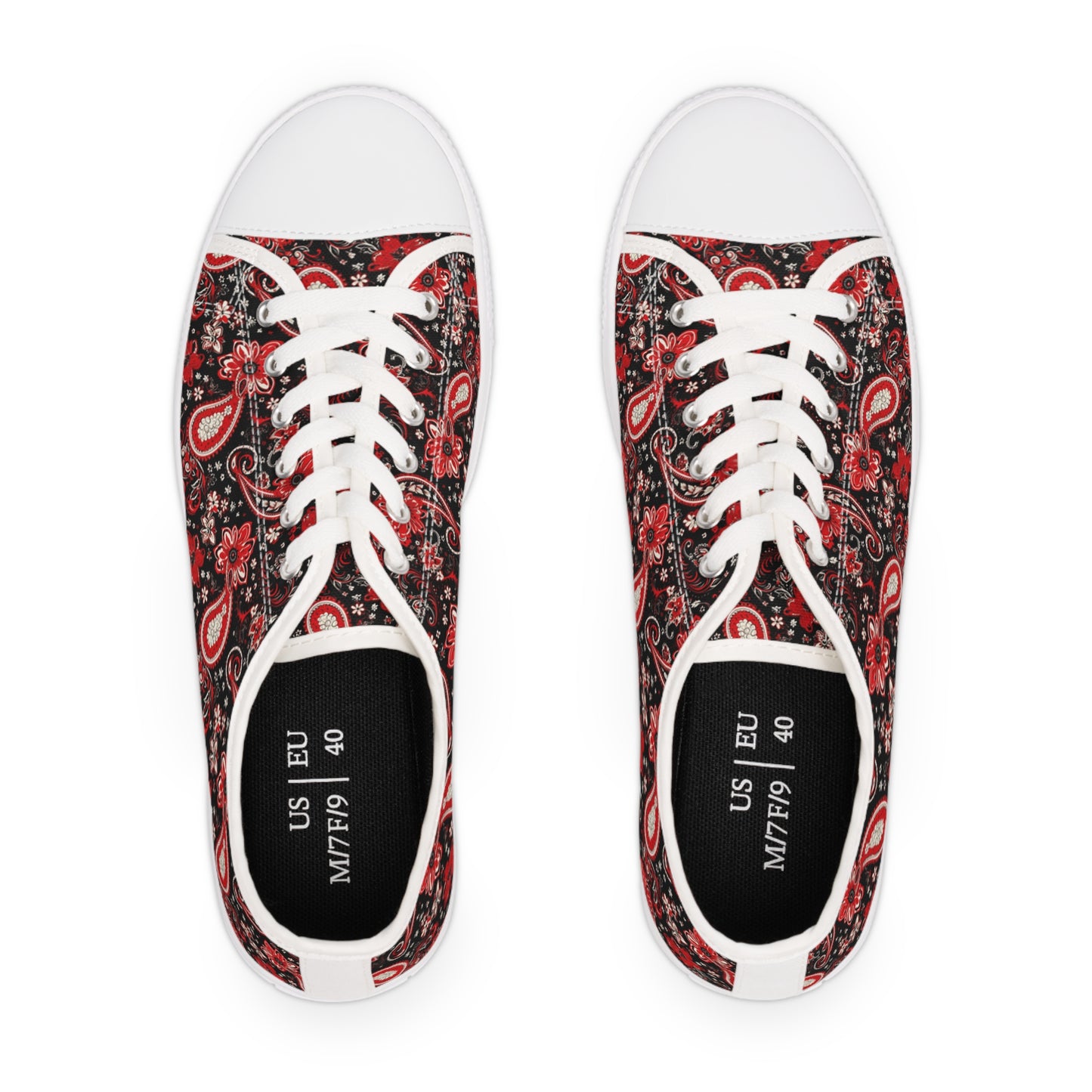 Black & Red Paisley Print Women's Low Top Sneakers, Stylish Paisley Pattern Sneakers