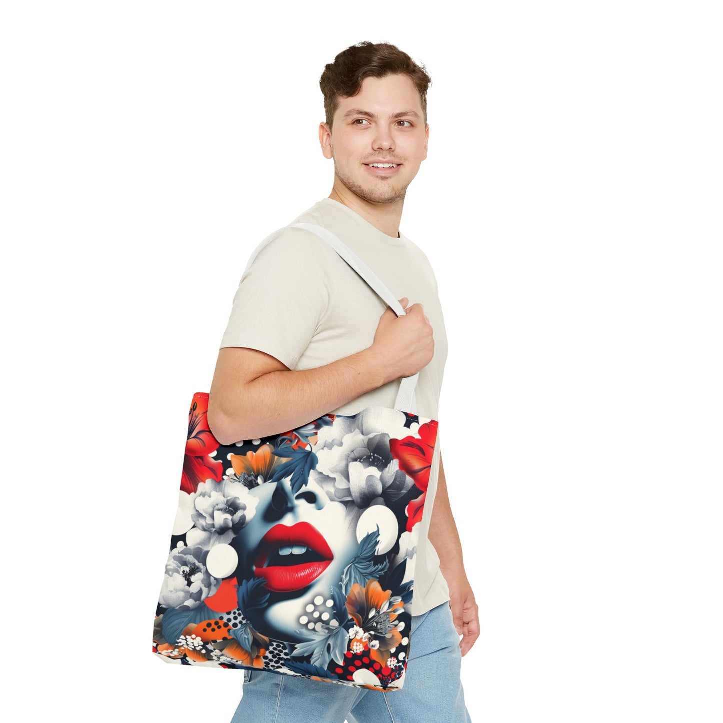 Artistic Floral High Fashion Tote Bag, Modern Polka Dot Carryall