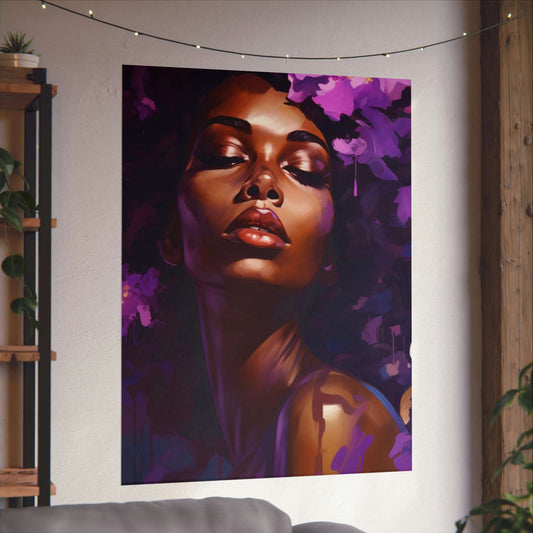 African Woman Matte Vertical Poster Print, Art Nouveau Purple Art Decor,  Black Woman Art Matte Vertical Posters