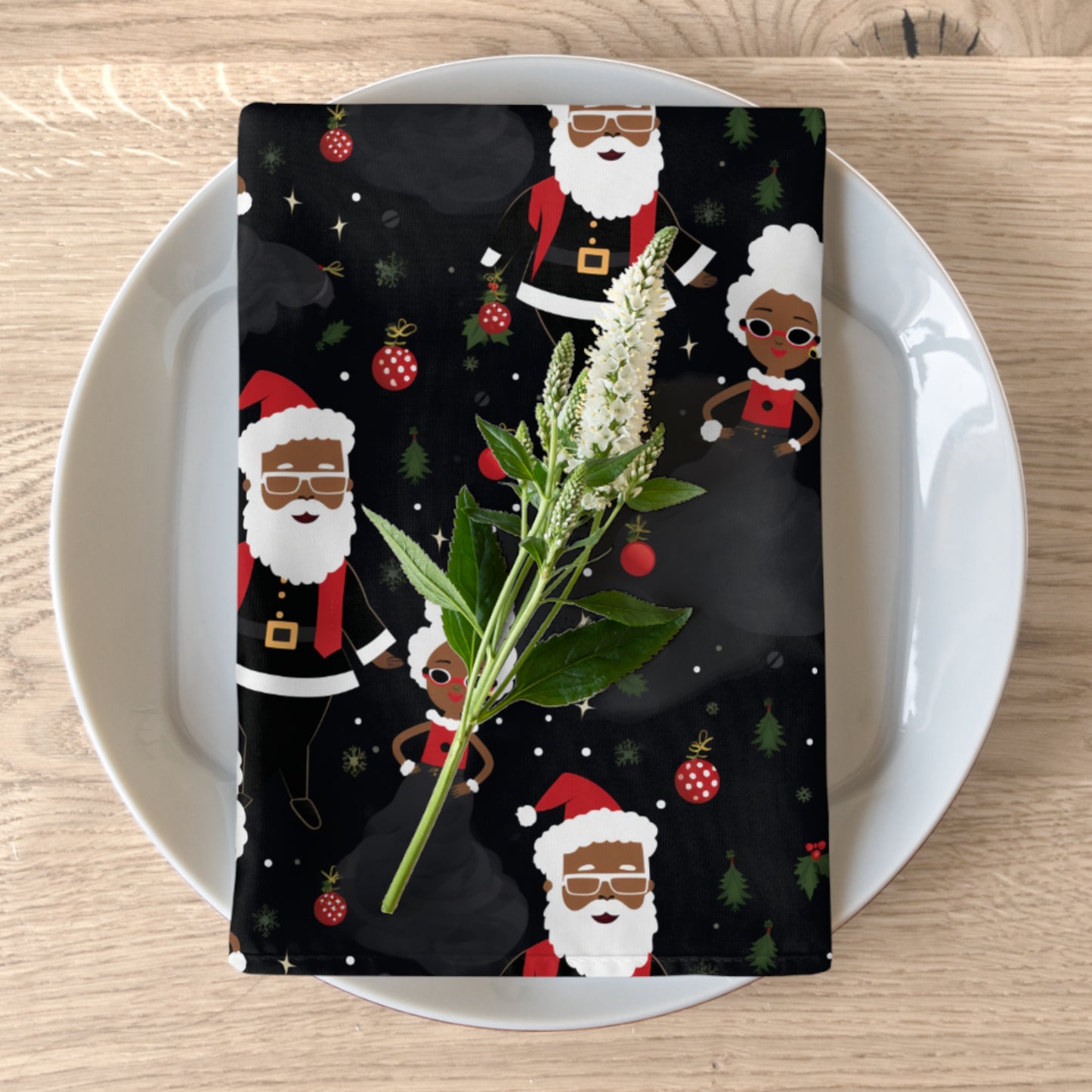 Black Santa and Mrs Claus Reusable Fabric Napkins, 4-Set of Christmas Cloth Napkins