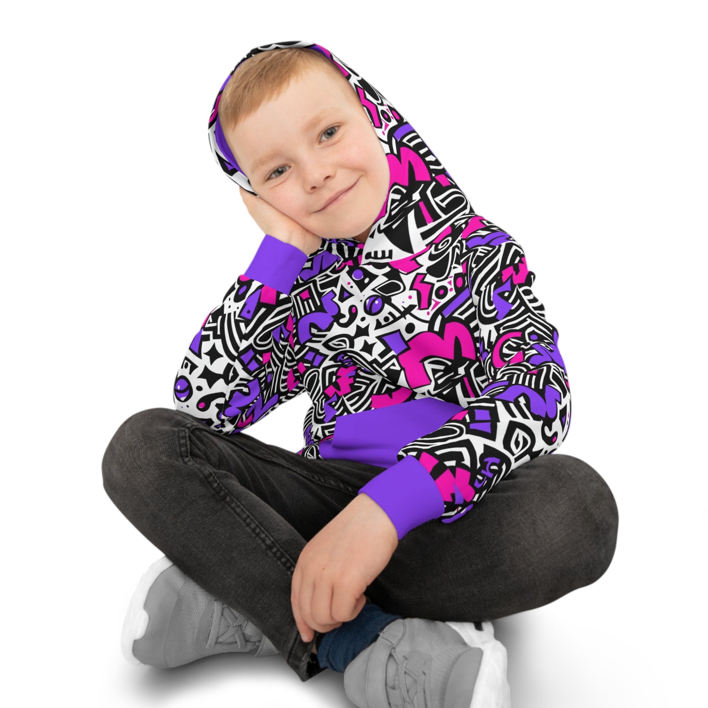 Colorful Memphis Pattern Kids Hoodie,  All-Over Print, Front Kangaroo Pocket