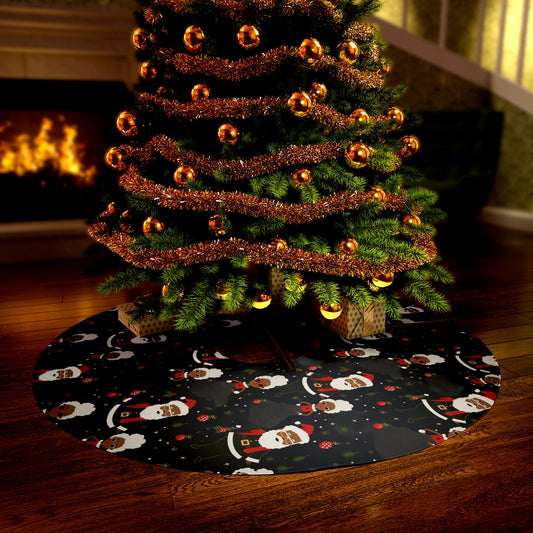 Black Santa and Black Mrs. Claus Christmas Tree Skirt, Festive Holiday Afrocentric Round Tree Skirt