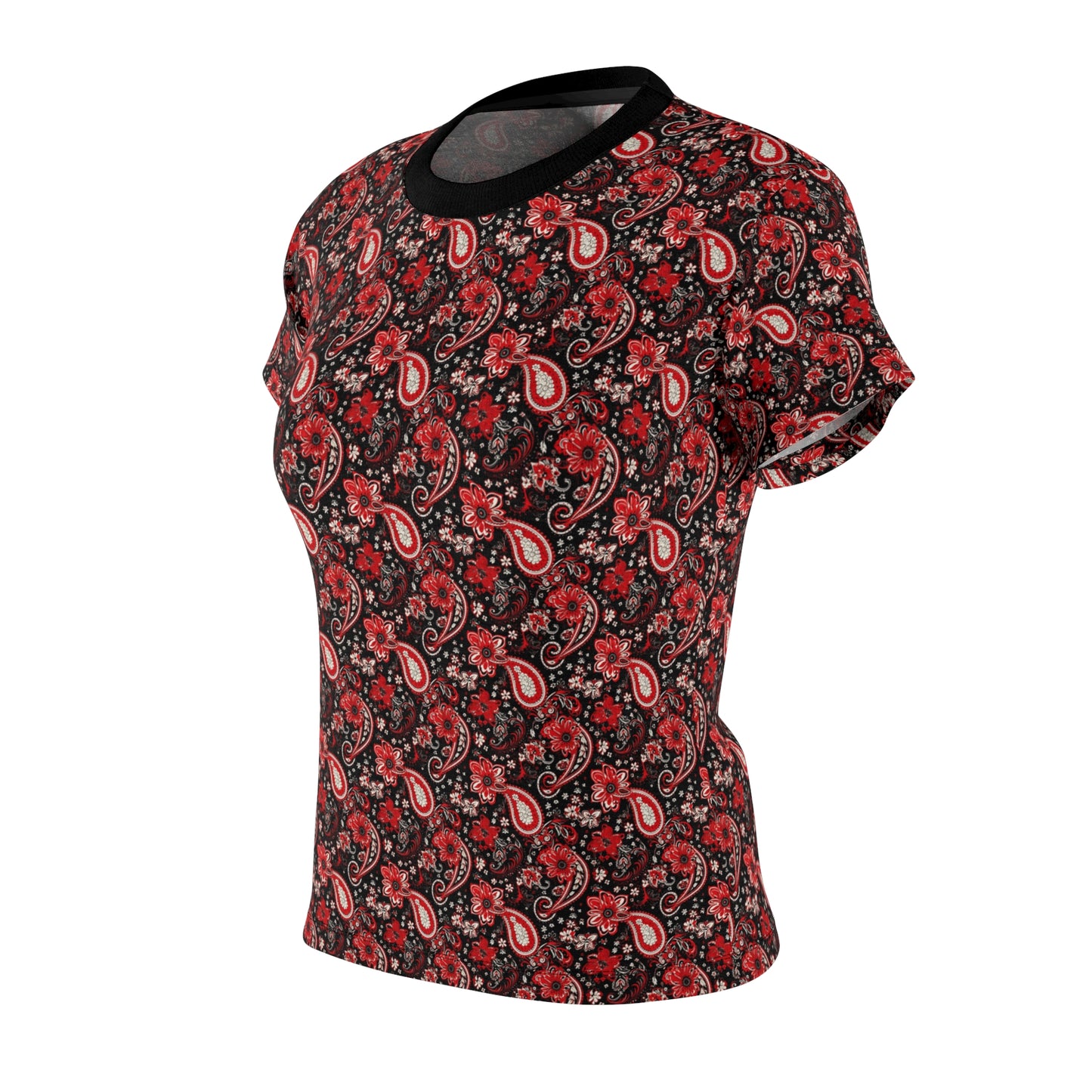 Classic Red & Black Paisley Print Women's T-Shirt, Red Bandana Print Apparel