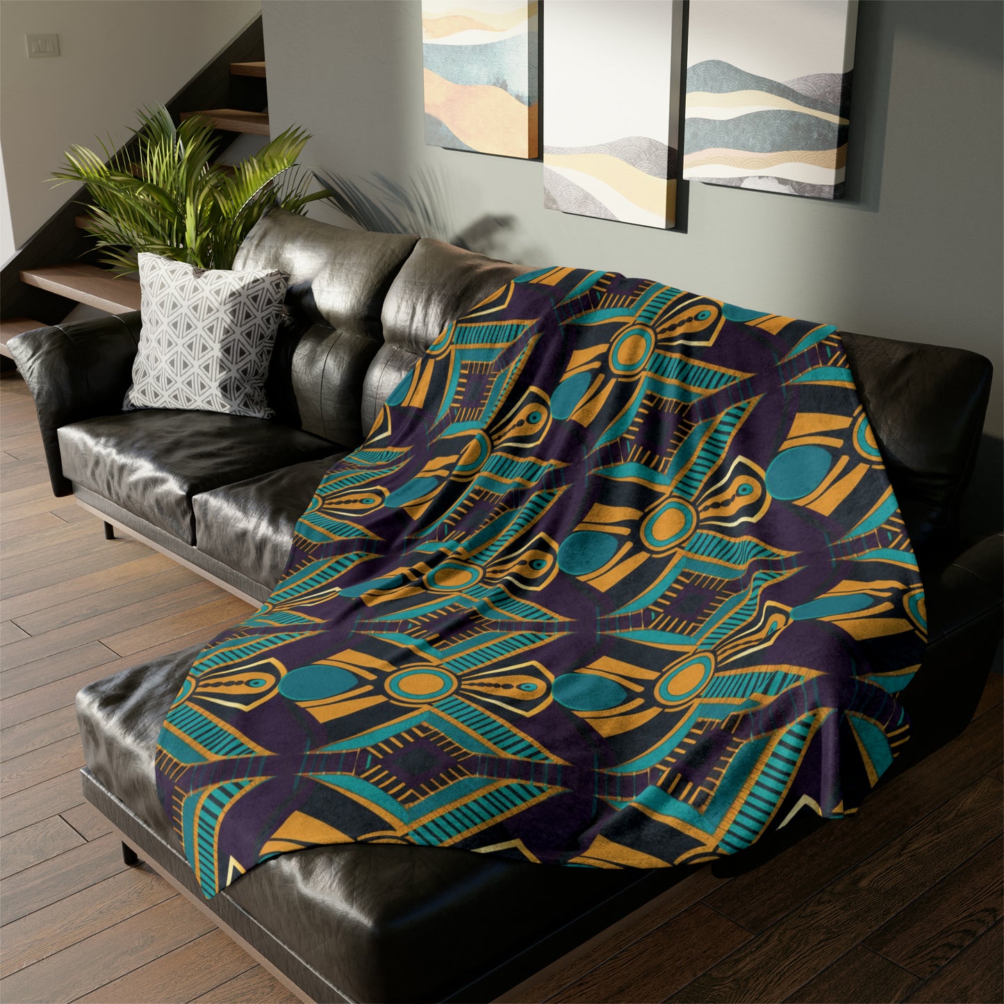 Safari African Print Throw Cover, Purple Amber Teal Blanket, Abstract Print Home Decor