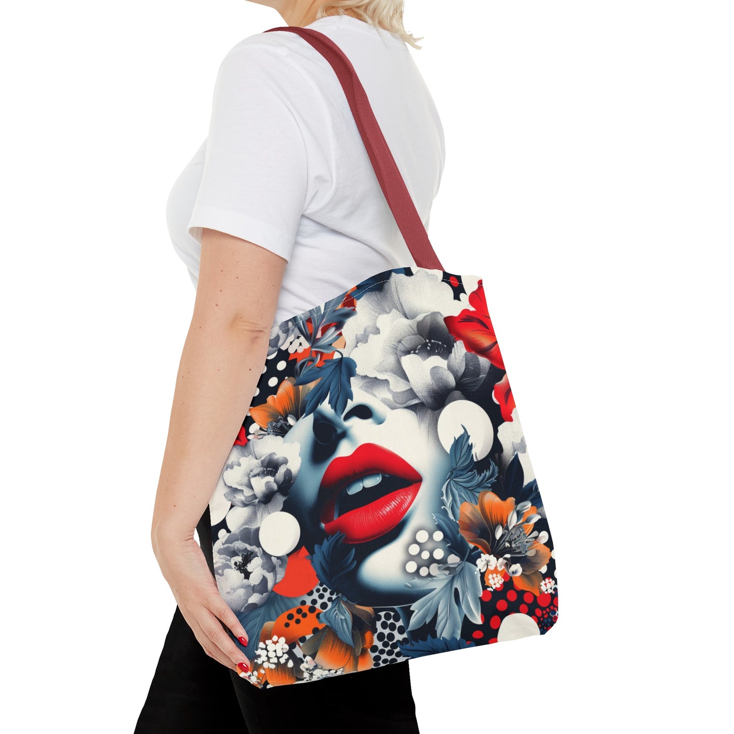 Artistic Floral High Fashion Tote Bag, Modern Polka Dot Carryall