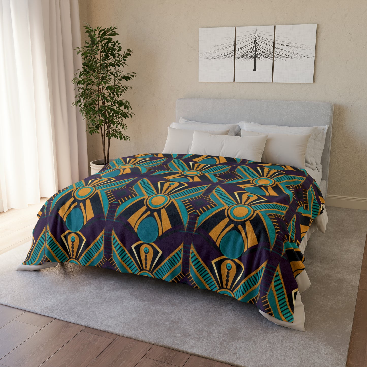 Safari African Print Throw Cover, Purple Amber Teal Blanket, Abstract Print Home Decor