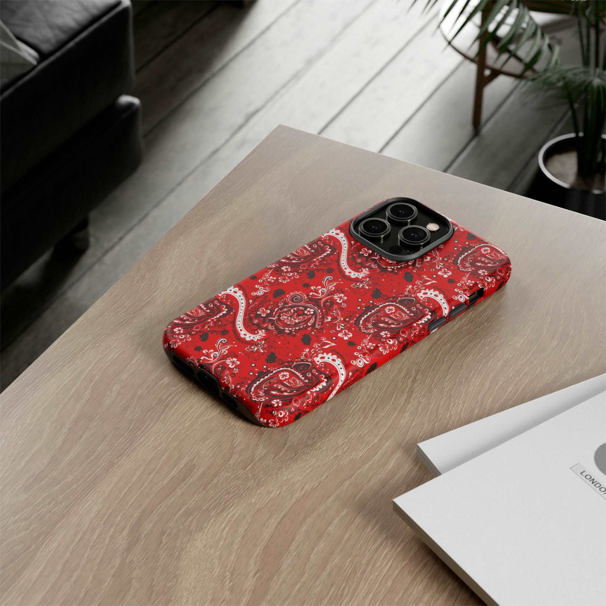 Biomorphic Style Red Bandana Tough IPhone Case, Paisley Print iPhone Case