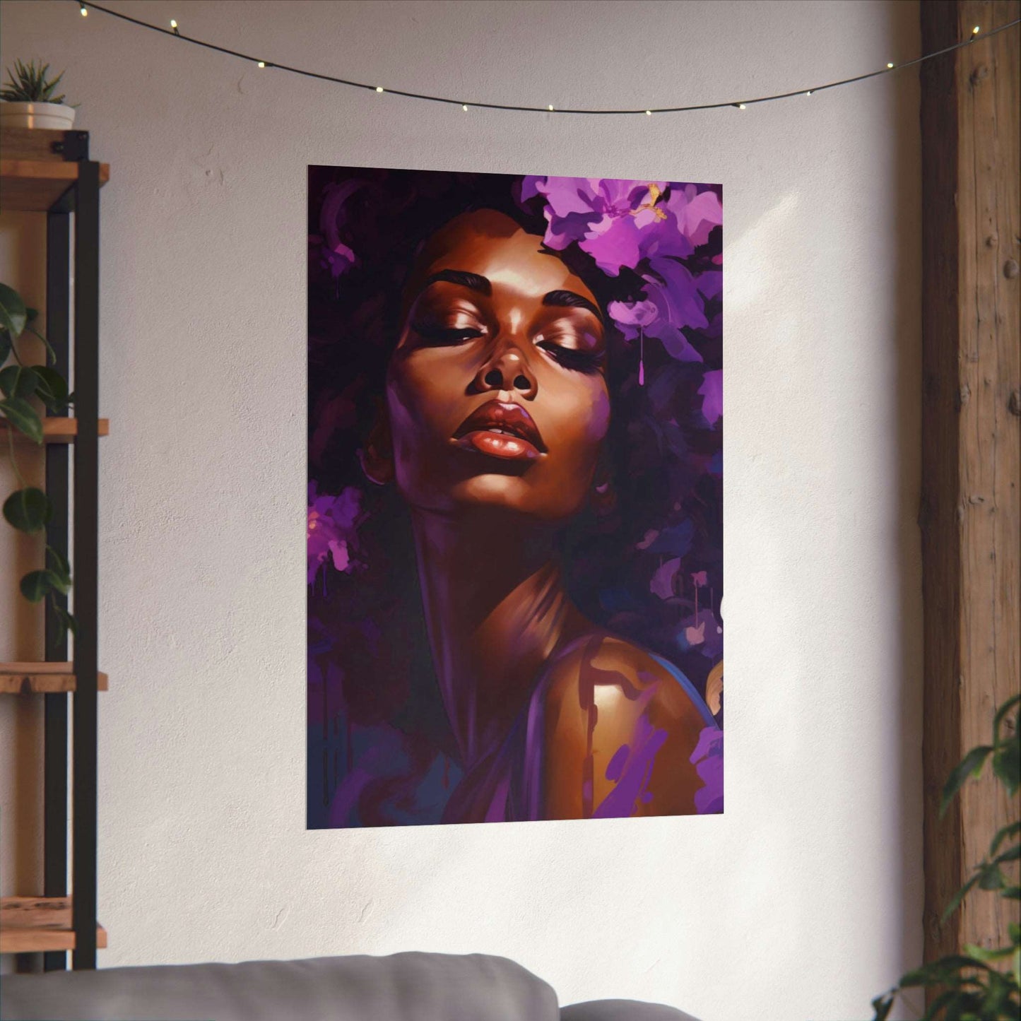 African Woman Matte Vertical Poster Print, Art Nouveau Purple Art Decor,  Black Woman Art Matte Vertical Posters