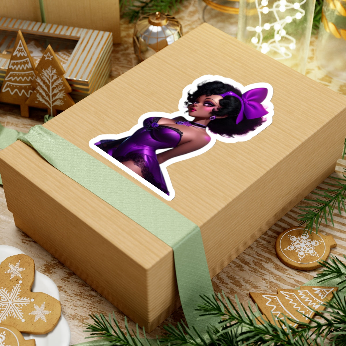 Black Woman Pin-Up Girl Sticker, Sexy Black Woman in Purple Lingerie Sticker