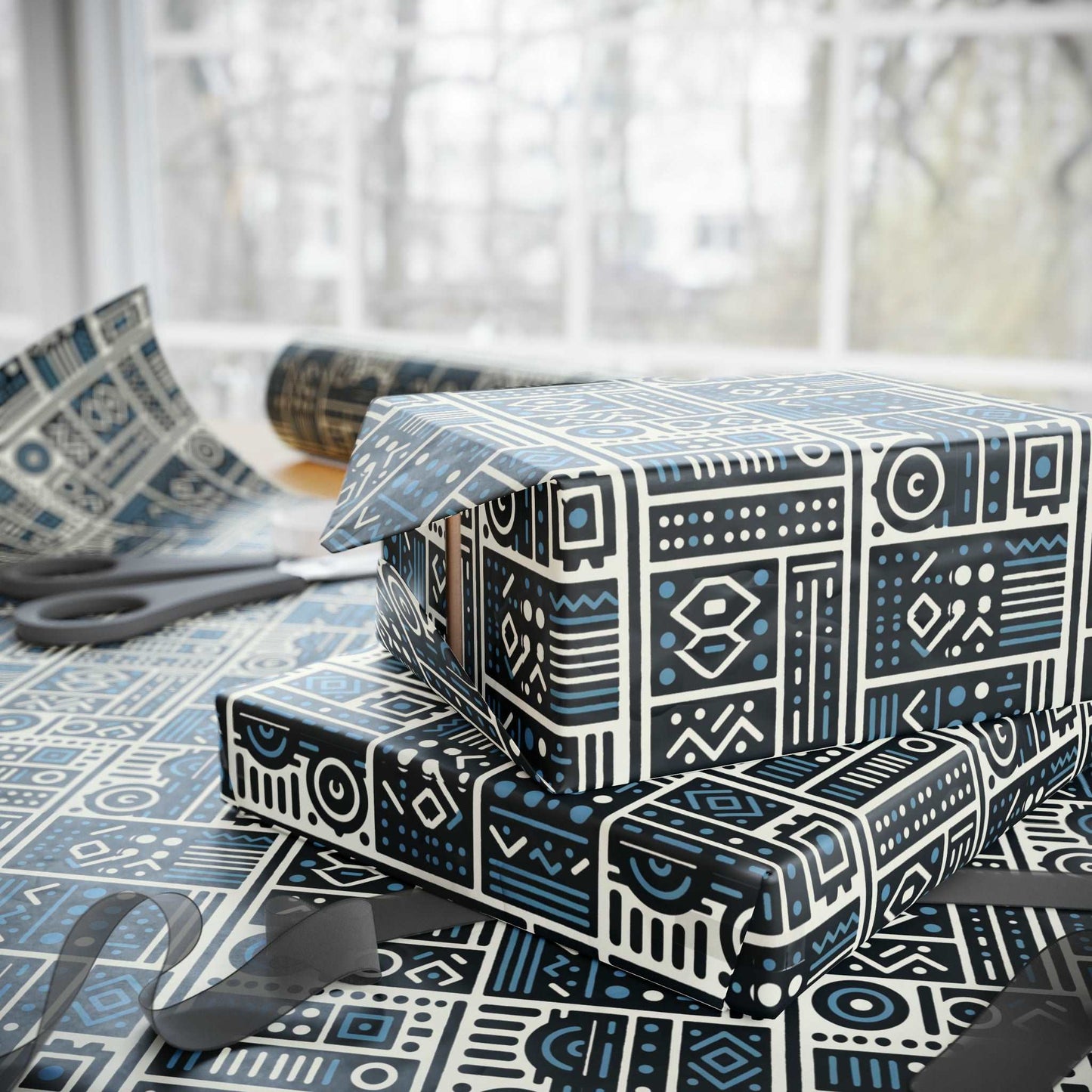 African Mud Cloth Blue, White & Black Wrapping Paper,  African Bogolan Gift Wrap