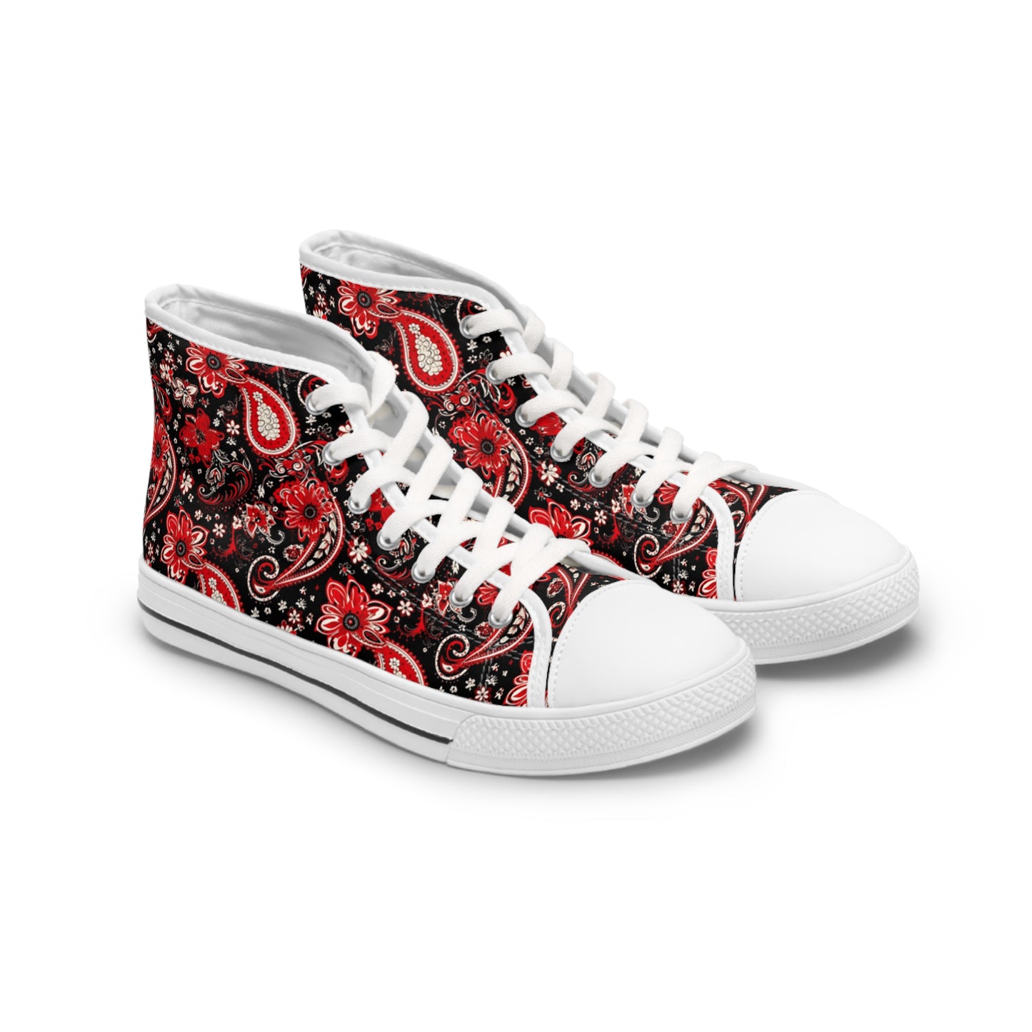 Black & Red Paisley Print Women's High Top Sneakers, Stylish Paisley Pattern Sneakers, Trendy Black and Red Bandana Print Shoes