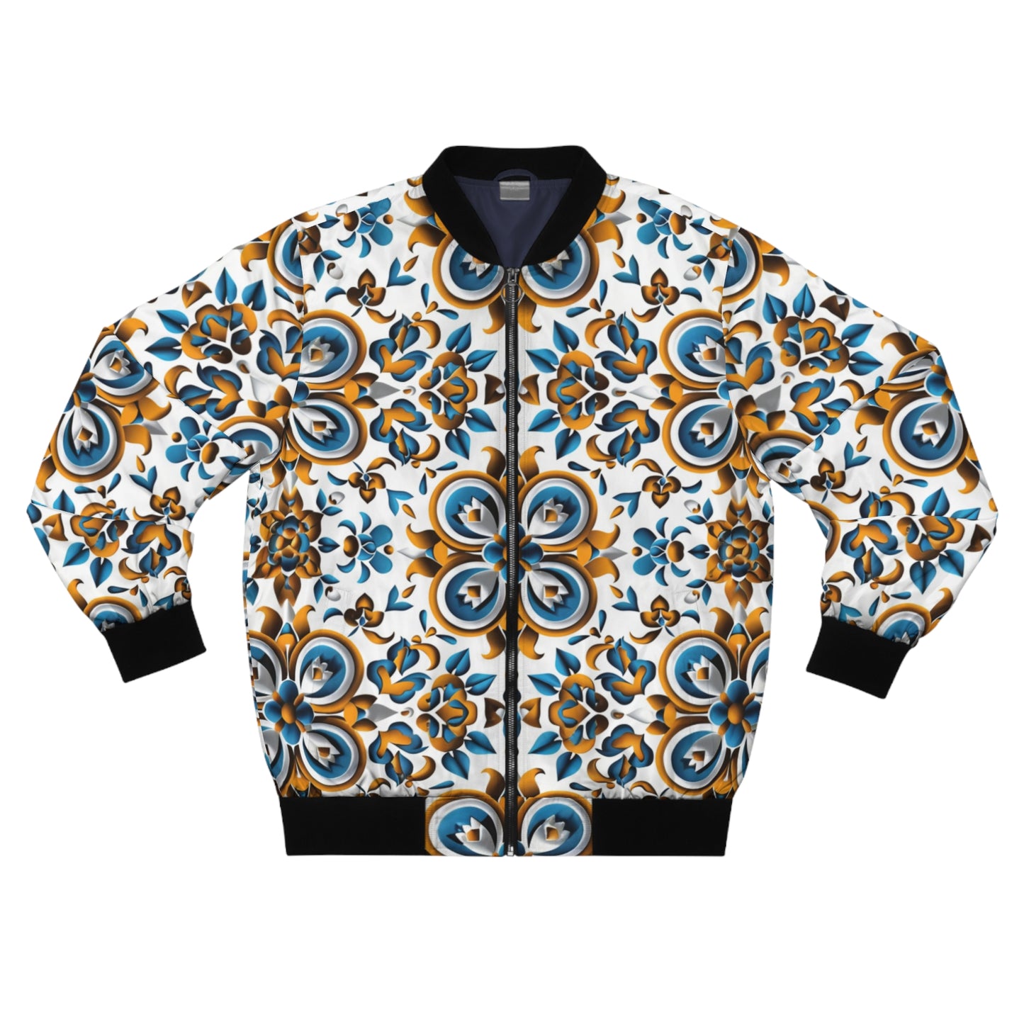 Men's African Print Bomber Jacket, Blue & Yellow Floral Pattern, Vibrant Cultural Style