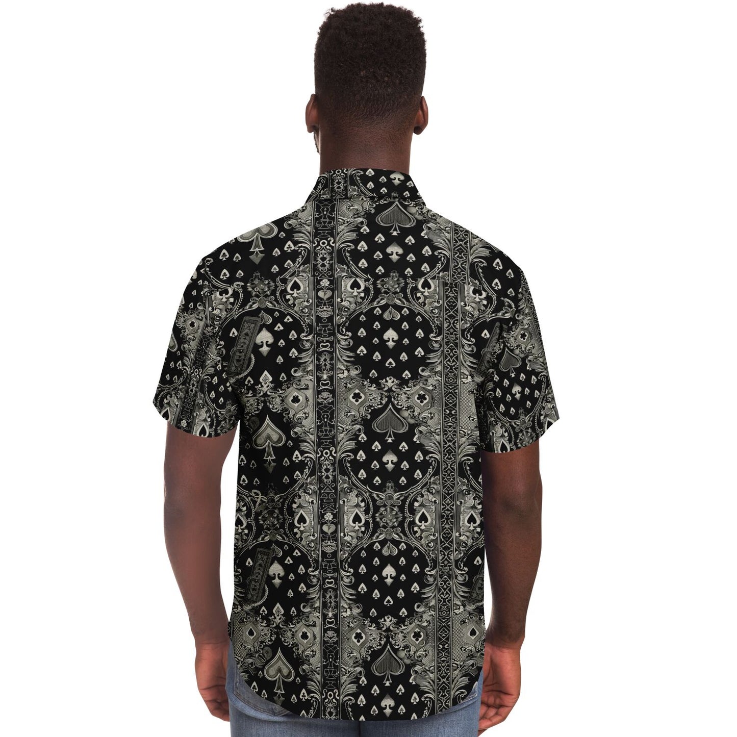 Ace of Spades Men's Short Sleeve Button Down Shirt, Black and Grey Poker Print