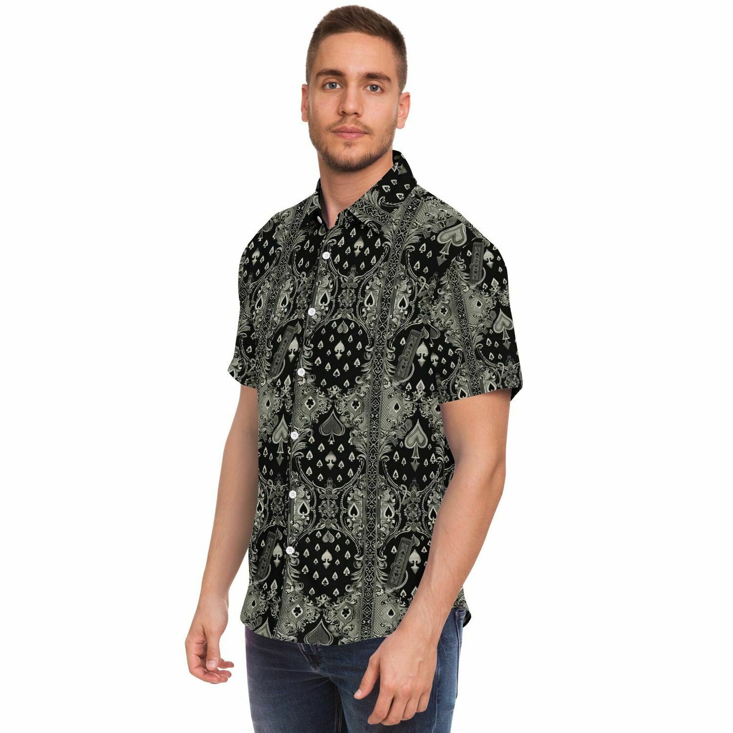 Ace of Spades Men's Short Sleeve Button Down Shirt, Black and Grey Poker Print