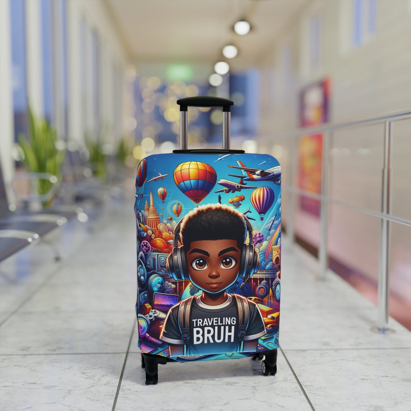 Traveling Bruh Moment Luggage Cover, Black Boy Joy Suitcase Protector