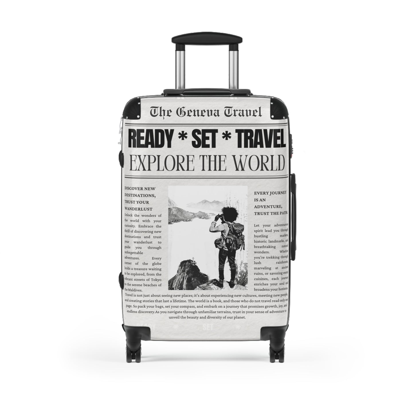 Custom Newspaper Style Suitcase, Black & White Travel Luggage, Unique Gift for Travel Enthusiasts, Personalized Travel Gear